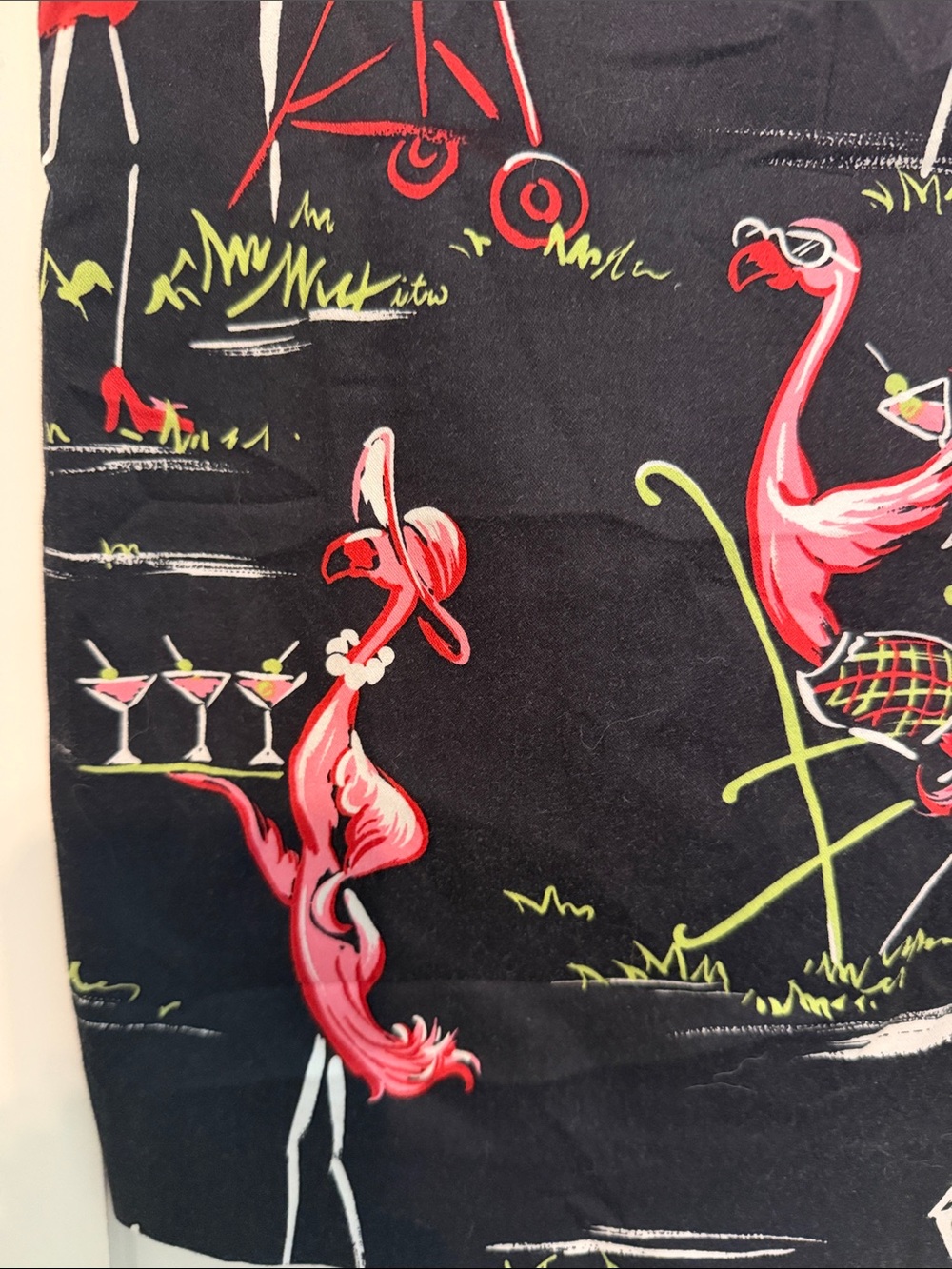 Vintage 90s Novelty Flamingo BBQ Cookout A-Line Skirt - Black with Pink Print - Picture 5 of 13